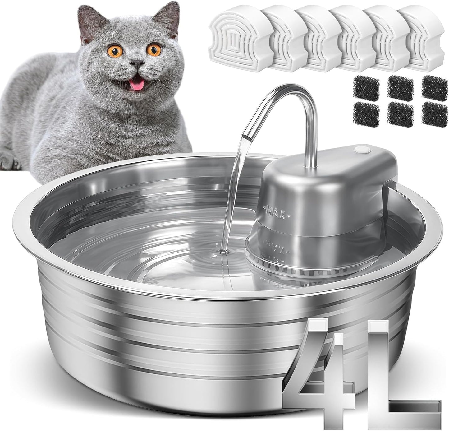 Cat Water Fountain, 4L/135OZ Stainless Steel Pet Fountain Dog Water Dispenser with 6 Filters & 6 Sponges, Dog Water Bowl Cat Drinking Fountains Watering Supplies with Ultra-Quiet Pump for Pets Indoor