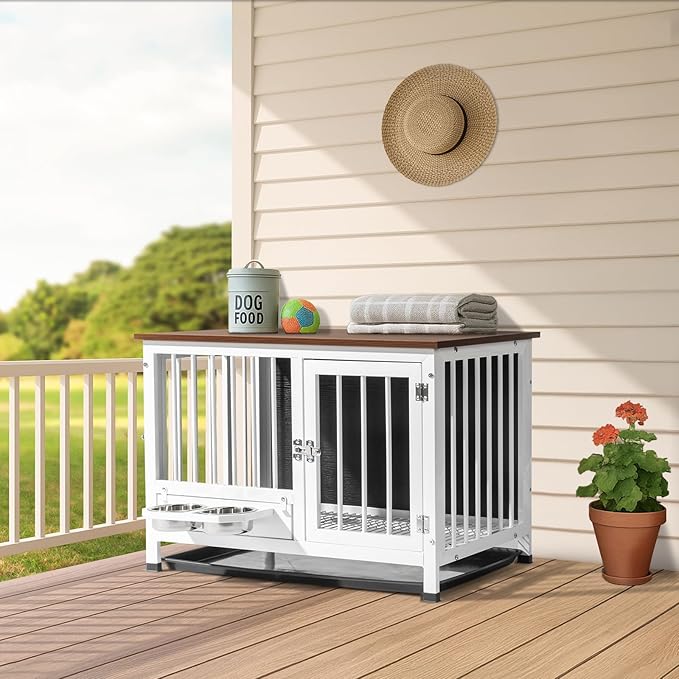 VINGLI Dog Crate Furniture, 32.5" Wooden Dog Kennel with 360° Swivel Feeder, Dog Cage Indoor for Small and Medium Dogs, Easy to Clean (Medium-32 inch White)