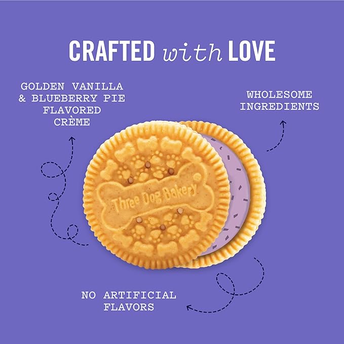 Three Dog Bakery Blueberry Pie Lick’n Crunch! Dog Treats, Dessert-Inspired Sandwich Cookies with Real Blueberries & Vanilla, Crunchy Baked Dog Cookies, Made in The USA, 13 oz
