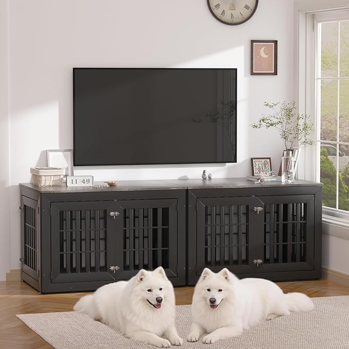 Snuowu 42" Heavy-Duty Dog Crate Furniture for Large/Medium Dogs, XL Wooden Dog Cage Kennel Indoor Furniture, Decorative Pet House End Table, Black & Grey