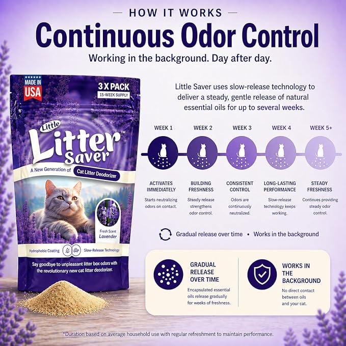Little Litter Saver | a New Generation Of Cat Litter Box Deodorizer | Unique Slow Release Formula | Natural Fresh Scent | Up to 15 Weeks Supply | 3 x 0.5oz bags (Lavender)