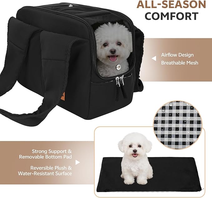 Dog Purse Carrier for Small Dogs and Cats, Soft-Sided Pet Tote Bag with 6 Large Pockets, Collapsible Travel Puppy Carrier, Fits Pets up to 16 lbs (Black, 17.5" L x 8" W x 12" H)