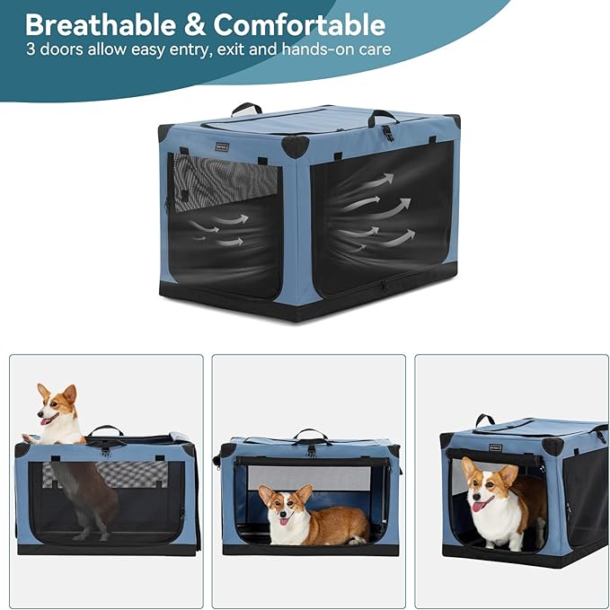 PETSFIT 30" Soft Portable Dog Crate – Patented Spiral Sturdy Frame, Collapsible Travel Kennel for Medium Dogs, 3 Mesh Door, Lockable Zippers, Indoor & Car Use Blue