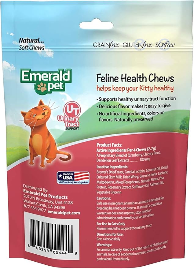 Emerald Pet 3 Pack of Urinary Tract Support Feline Health Chews, 2.5 Ounces Each, Grain-Free, Made in The USA