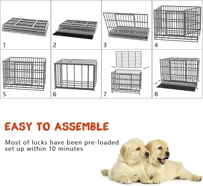 LEMBERI 38 inch Heavy Duty Indestructible Dog Crate, Escape Proof Dog Cage Kennel with Lockable Wheels,High Anxiety Double Door Dog Crate,Extra Large Crate Indoor for Large Dog with Removable Tray