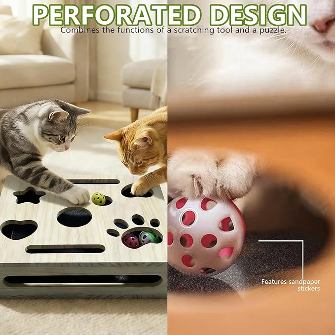Cat Nail File Box for Indoor Cats – No Assembly Needed, 2026 Upgrade Wooden Scratch Puzzle Enrichment Box with Bell Ball & Sandpaper, Stress-Free Nail Trimming Alternative to Clippers