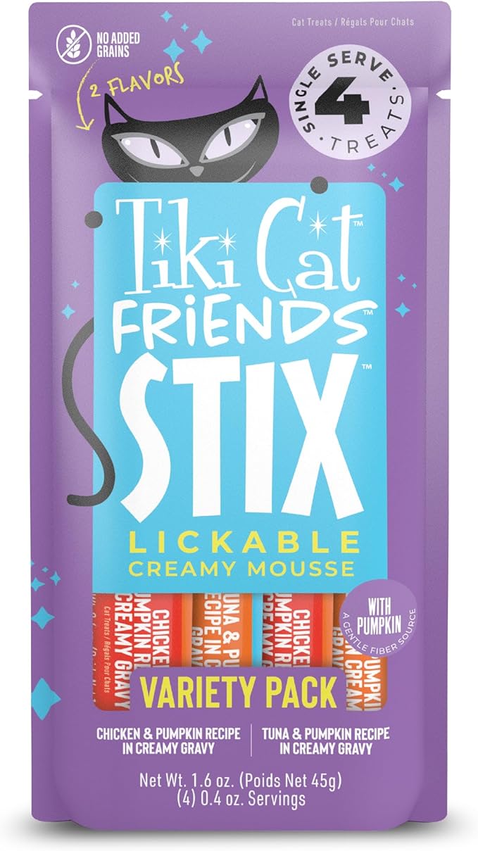 Tiki Cat Friends Stix Mousse Treats Variety Pack, Single Serve Lickable Treat or Dry Food Topper, 1.6 oz. Pouch