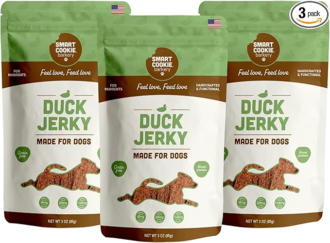 Smart Cookie Duck Jerky Dog Treats with Flax Seed, Omega Oils- Hypoallergenic Strips for Dogs and Puppies with Allergies, Sensitive Stomachs - Dehydrated, Grain Free, Made in USA - 3oz Bag, Pack of 3