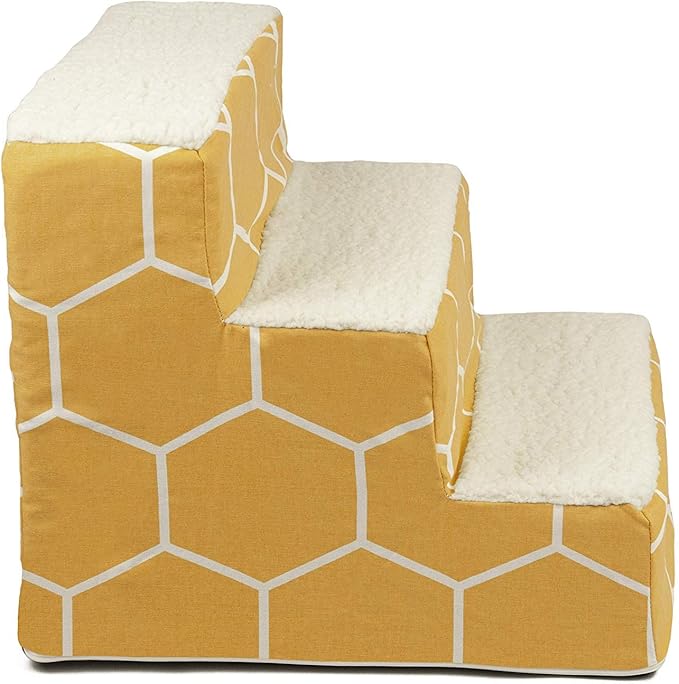 Majestic Pet 3 Step Portable Dog Stairs for Small Dogs to get on Bed Supports 250 lbs or Less – Dog Steps for High Bed with Machine Washable Cover –Pet Stairs for Cats Hexo Shapes Yellow
