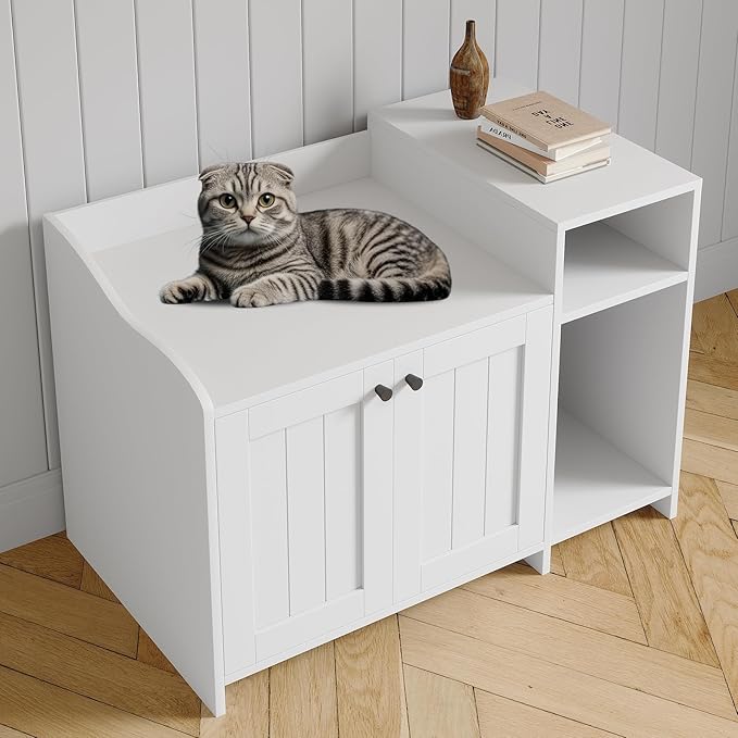 Garvee Cat Litter Box Enclosure Furniture Wooden Hidden Litter Box Cabinet with Vent Door Left Side Storage Drawer Shelf Small Storage Cabinet Raised Legs Top Protectors
