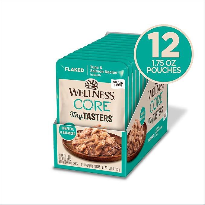 Wellness CORE Tiny Tasters Flaked Adult Wet Cat Food, Natural, Protein Rich, Grain Free, Tuna and Salmon Recipe, 1.75 oz, Pack of 12 Pouches