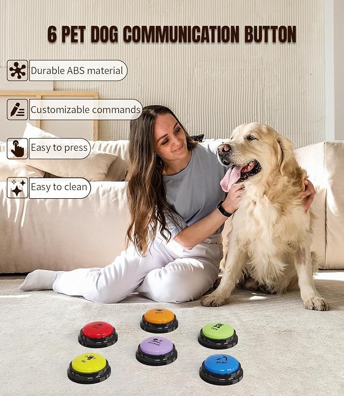 Acools 6 Pcs Dog Buttons for Communication Pet Training Buzzer, 30 Second Voice Recording Button, Dog Talking Button Set with 6 Color Anti-Slip Mat and 48 Scene Stickers