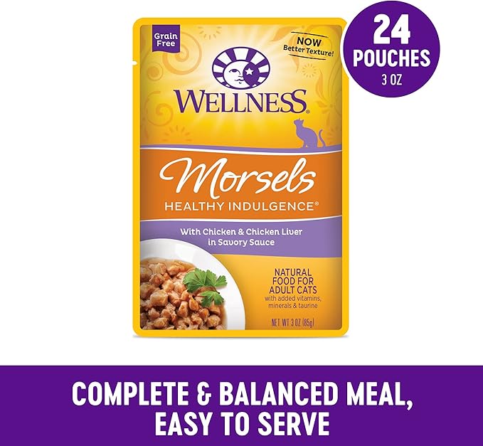 Wellness Healthy Indulgence Morsels Adult Wet Cat Food, Natural, Protein Rich, Grain Free, Chicken Recipe, 3 oz, Pack of 24 Pouches