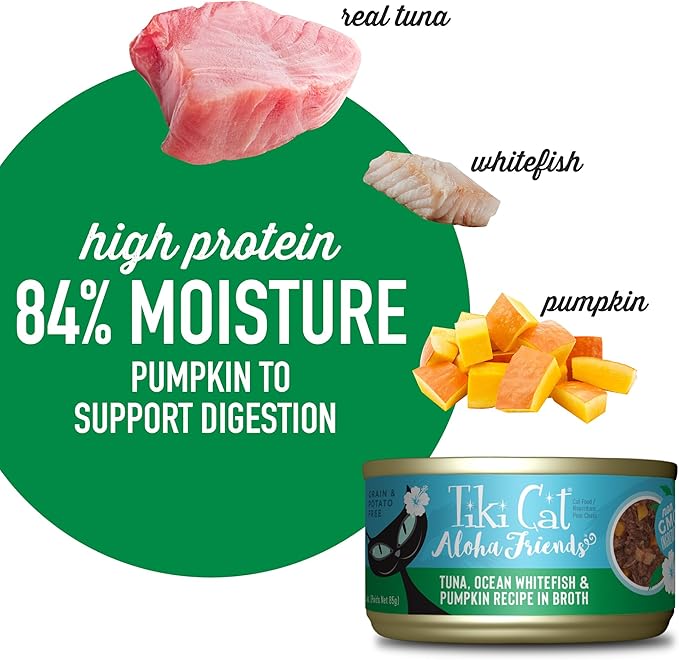 Tiki Cat Aloha Friends Wet Cat Food, Tuna, Ocean Whitefish & Pumpkin, 3 oz. Cans (12 Count)