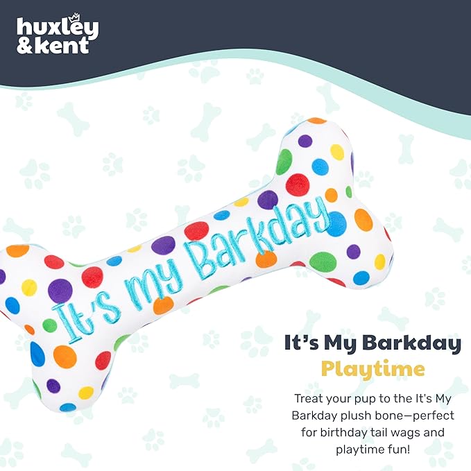 Huxley & Kent Funny Dog Toy w/Squeaker – Power Plush Squeaky Dog Toys for Small, Medium & Large Dogs – Soft Stuffed Animal for Indoor Play & Fetch - It's My Barkday Bone, Large