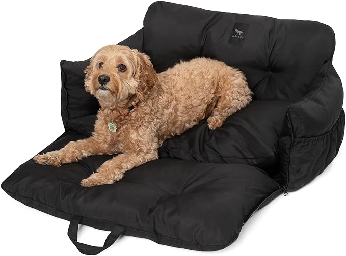 JACKO & CO Premium Dog Car Seat – Safe & Cozy Travel Bed Carrier for Small Dogs, Puppies, Pets, Clip-On Leash, Storage Pockets, Water-Resistant, Machine Wash (Black, Standard Medium (25-40 lbs))