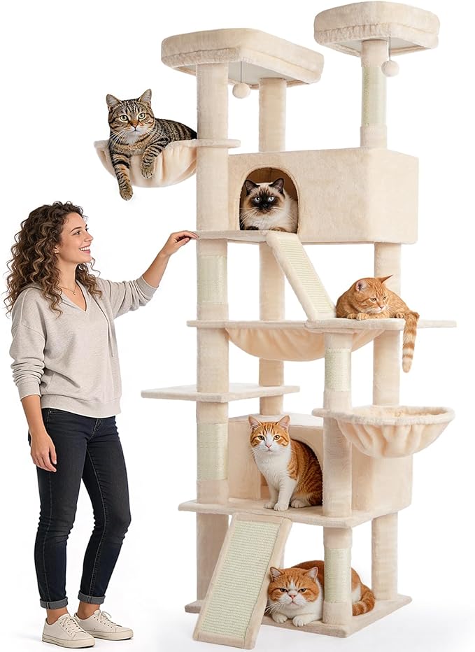 ABCPET Cat Tree 82 in Multi-Level Cat Tower for Indoor Cats, Heavy Duty Large Cat Tree with Sisal Scratching Posts, Hammock, 2 Perches, 2 Condos, 2 Hanging Baskets, Beige