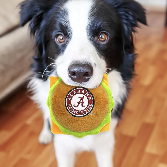 NCAA Alabama Crimson Tide Cheeseburger Plush Dog & CAT Squeak Toy- Cutest Stadium Hamburger Snack Plush Toy for Dogs & Cats with Inner Squeaker & Beautiful Football/Basketball Team Name/Logo