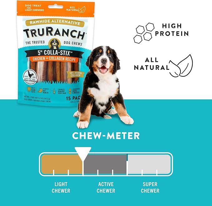 TRURANCH Collagen Sticks - 5" Collagen Sticks for Dogs - Long Lasting Healthy Joint Support - Rawhide Alternative - Skin & Coat Health - Made with Real Chicken, Value Pack, 3 Bags, 45 Count