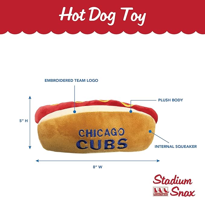 MLB Chicago Cubs Plush Dog Toys - Stadium Theme Snacks - Cutest Plush HOT-Dog Toy for Dogs & Cats with Inner Squeaker & Premium Embroidery of Baseball Team Name/Logo