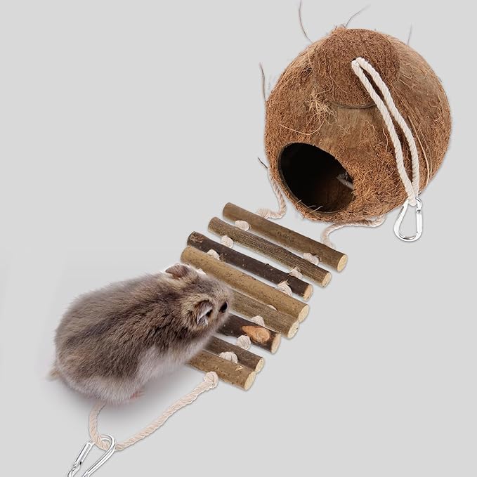 Mobestech Hanging Coconut Shell Hideout Shelter for Leopard Gecko and Small Pets, Decorative Wear-Resistant Nest with Fur Lining, Hamster and Bird Cage Accessory for Reptile Habitat
