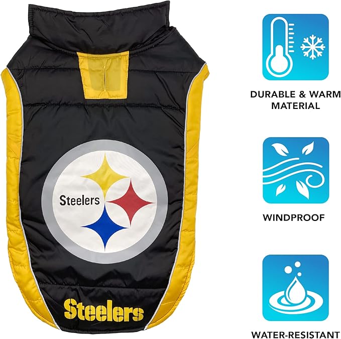 NFL Pittsburgh Steelers Puffer Vest for Dogs & Cats, Size Medium. Warm, Cozy, and Waterproof Dog Coat, for Small and Large Dogs/Cats. Best NFL Licensed PET Warming Sports Jacket