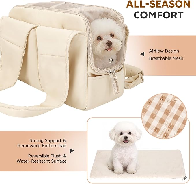 Dog Purse Carrier for Small Dogs and Cats, Soft-Sided Pet Tote Bag with 6 Large Pockets, Collapsible Travel Puppy Carrier, Fits Pets up to 13 lbs (Beige, 15.7" L x 8" W x 11.8" H)