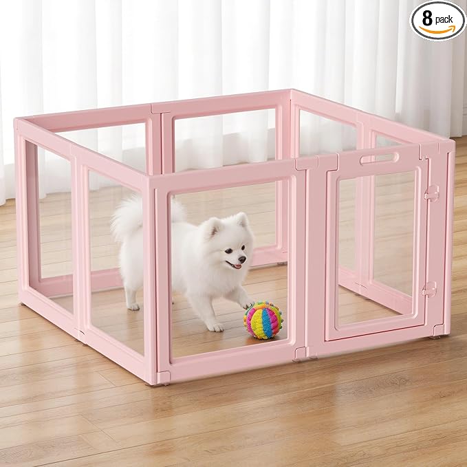 DIY Clear Acrylic Dog Playpen House,Quick Easy Assembly and Disassembly,Strong Floor Suction,Indoor and Outdoor Use,Easy Cleansing Puppy Fence (Skin Pink, 23.6" H, 8PCS)