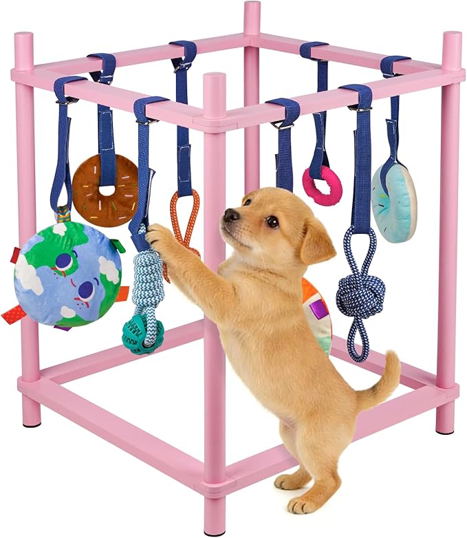 Wooden Puppy Play Gym for Small Dogs, Puppy Jungle Gym with 8 Hanging Toys, Wood Frame Indoor Puppy Gym with Dog Enrichment Toys for Puppies and Small Pets (Pink)