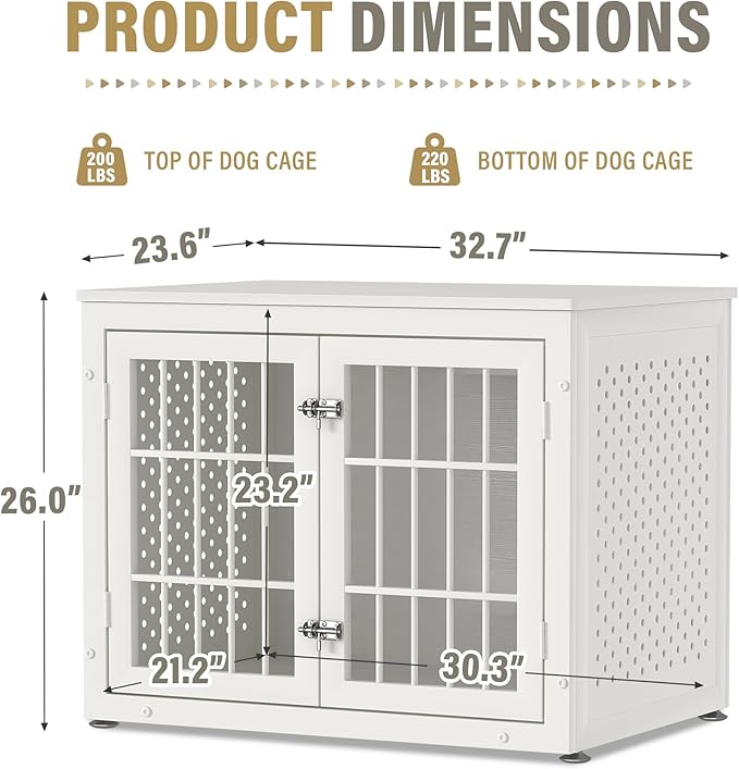 rehomerance 32" Heavy Duty Dog Crate Furniture for Small and Medium Dogs, Metal Kennel for High Anxiety Dogs, Chew Proof Pet Cage Indoor, Decorative Dog Kennel End Table, White