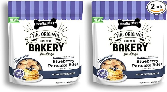 Three Dog Bakery Blueberry Pancake Bites,Treats with Real Blueberries & Vanilla,Mess-Free Snacks & Training Cookies for Dogs-& Puppies,Human-Inspired,(Pack of 2)