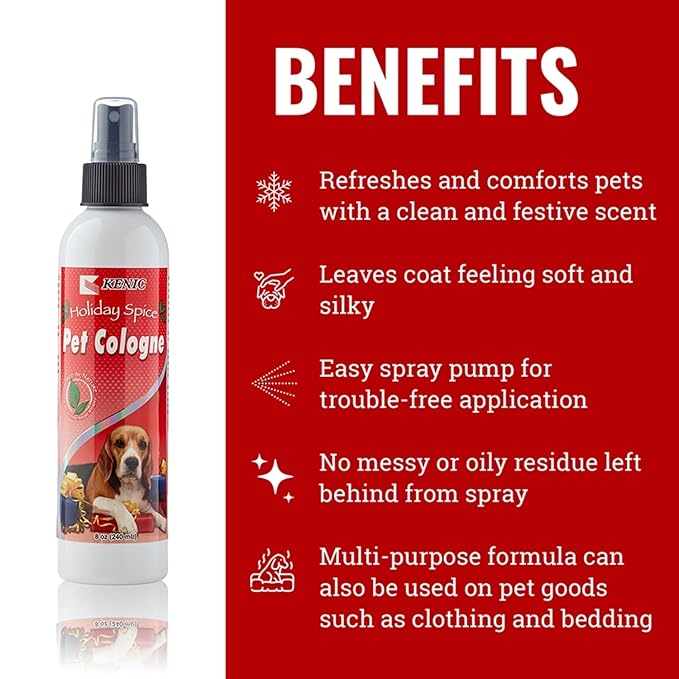 Kenic Holiday Spice Pet Cologne, Long Lasting Limited Edition Cinnamon & Nutmeg Scented Dog & Cat Deodorizing Spray, Freshens, Neutralizes and Shines Coat Between Baths, Made in USA