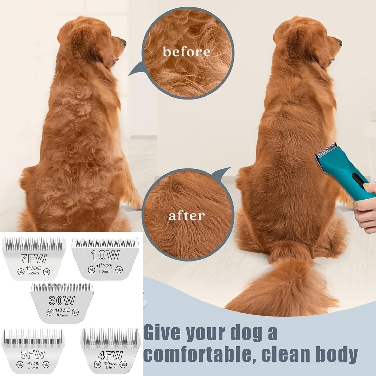 4PCS Wide Blades for Dog Grooming Blades Compatible with Andis,Oster A5,Wahl km10 Dog Clippers Stainless Steel Blades for Animal Dog,Cat,Horse,Silver,Size #10W+30W+5FW+7FW