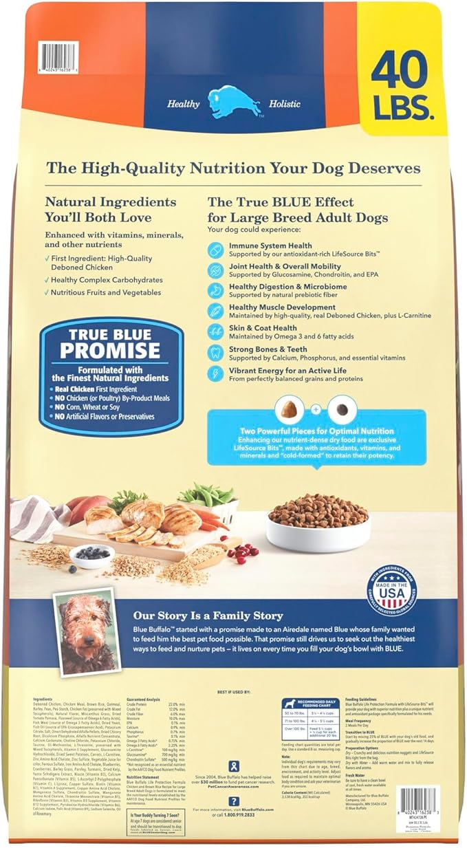 Blue Buffalo Life Protection Formula, Large Breed Adult Dry Dog Food, Made with Natural Ingredients, Chicken & Brown Rice, 40lb Bag