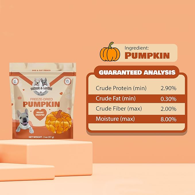 Benji & Louie Freeze Dried Pumpkin for Dogs and Cats, Heart Shaped - Natural Healthy Dog and Cat Treats, Single Ingredient, 2 oz