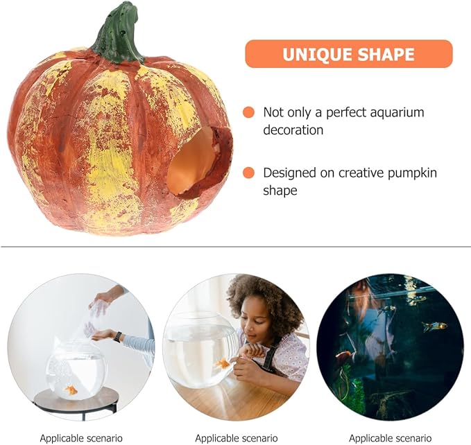 POPETPOP Pumpkin Shaped Aquarium Cave 3 Inch Resin Fish Tank Decor Shrimp Hideout Wear-Resistant Aquarium Decoration for Fish and Aquatic Pets