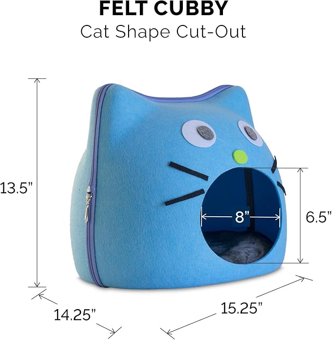 Furhaven Cat Cave for Indoor Cats, Lightweight & Stackable - Cat Shaped Face Décor Felt Cubby Hideaway - Light Blue, One Size