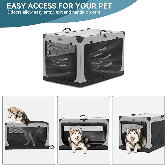 PETSFIT 40" Soft Portable Dog Crate – Patented Spiral Sturdy Frame, Collapsible Travel Kennel for Large Dogs, 3 Mesh Door, Lockable Zippers, Indoor & Car Use Gray