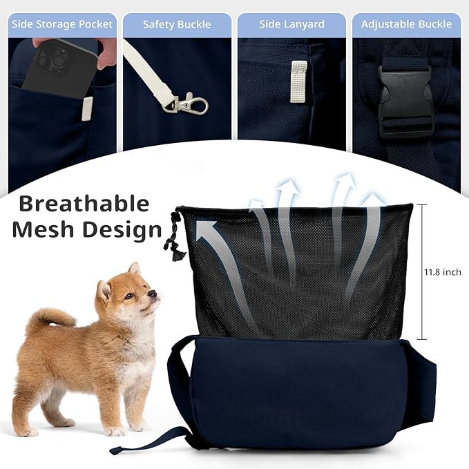 ONECUTE Dog Sling Carrier for Small Dogs and Cats, Lightweight Collapsible Pet Travel Bag with Adjustable Strap, Side Pockets & Breathable Mesh (Navy Blue, 15.7" L x 5.9" W x 8.6" H)