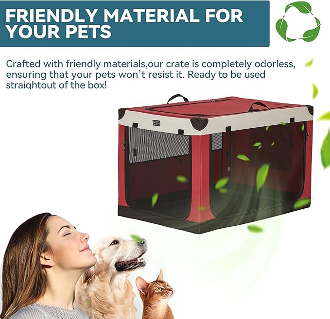 PETSFIT 36" Soft Portable Dog Crate – Patented Spiral Sturdy Frame, Collapsible Travel Kennel for Medium & Large Dogs, 3 Mesh Door, Lockable Zippers, Indoor & Car Use Red