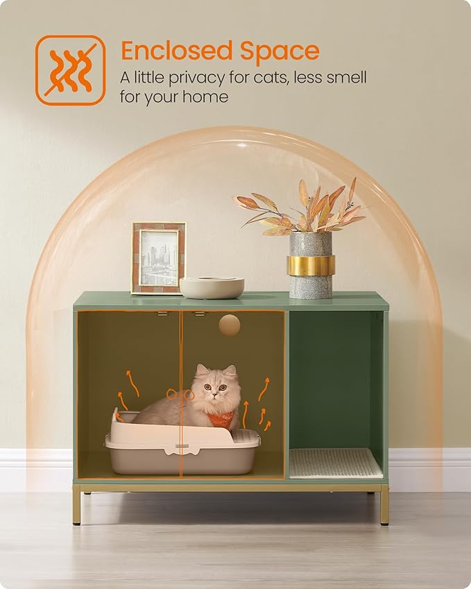 Feandrea Cat Litter Box Enclosure, Hidden Litter Box Furniture with Scratch Pad, Front Entry, Double Cabinet Doors, Modern Style, 31.5" Cat House Washroom Side End Table, Forest Green and Gold