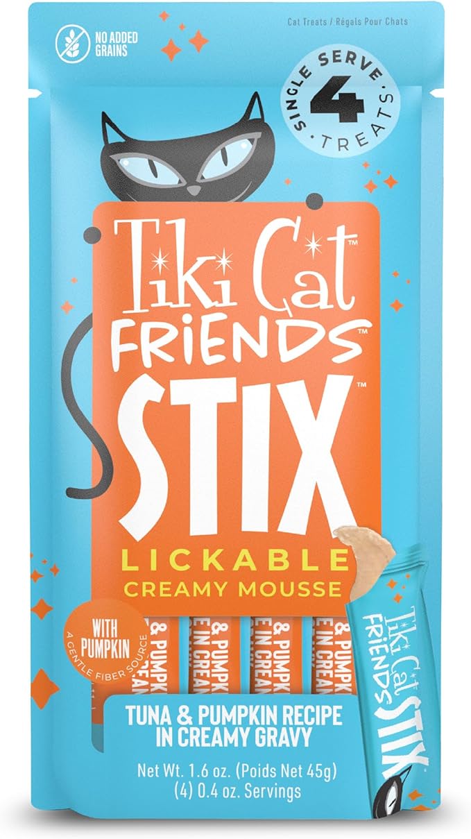 Tiki Cat Friends Stix Mousse Treats, Single Serve Lickable Treat or Dry Food Topper, with Tuna & Pumpkin in Gravy, 1.6 oz. Pouch