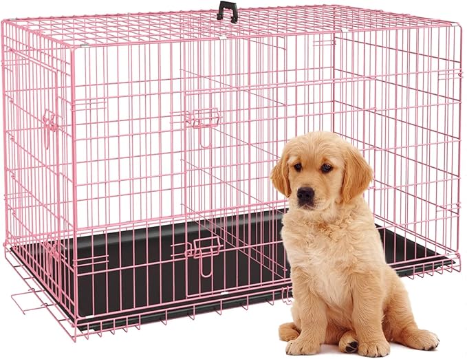 Extra Large Dog Crate - Portable Dog Cage for Small Dogs - Travel Dog Crate with Double-Door, Metal Wire Kennel & Plastic Tray (Pink, 24")