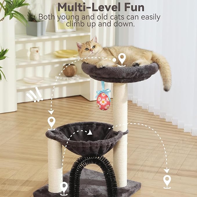 27.8" Small Cat Tree with Easter Eggs,Multi-Level Cute Cat Tree with Scratching Post| Plush Hammock| Perch| Random 3 Pcs Easter Eggs| Groomer Brush for Kittens Play & Rest