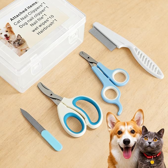 Pet Nail Clippers Kit for Cats and Dogs, Professional Grooming Set with Cat and Dog Nail Clippers, Nail File, Hairbrush, 10 Wet Wipes, Storage Case