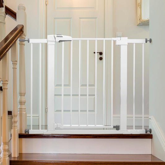 Babelio Metal Baby Gate, 29-43" Auto Close Easy Install Pet Gate, Extra Wide Walk Thru Child Safety Gate, 30" Tall Pressure Mounted Dog Gate for Doorways & Stairs, White