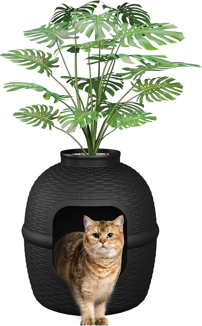 FansaFurn Large Cat Litter Box, Hidden Litter Box with Faux Plant, Heavy Duty Litterbox Enclosure Furniture with Rattan Pattern, PP Cat Box Enclosure Furniture for Living Room, Bedroom, Black