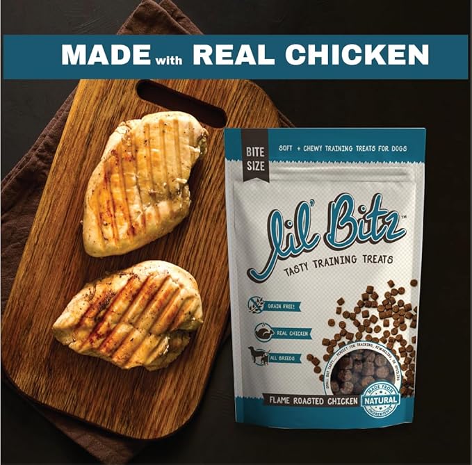 Lil' Bitz Soft & Chewy Training Treats for Dogs, Bite Size Reward Treats for Training & Positive Reinforcement, Grain Free Treats Made with Real Chicken, Flame Roasted Chicken Flavor, 4 oz Bag