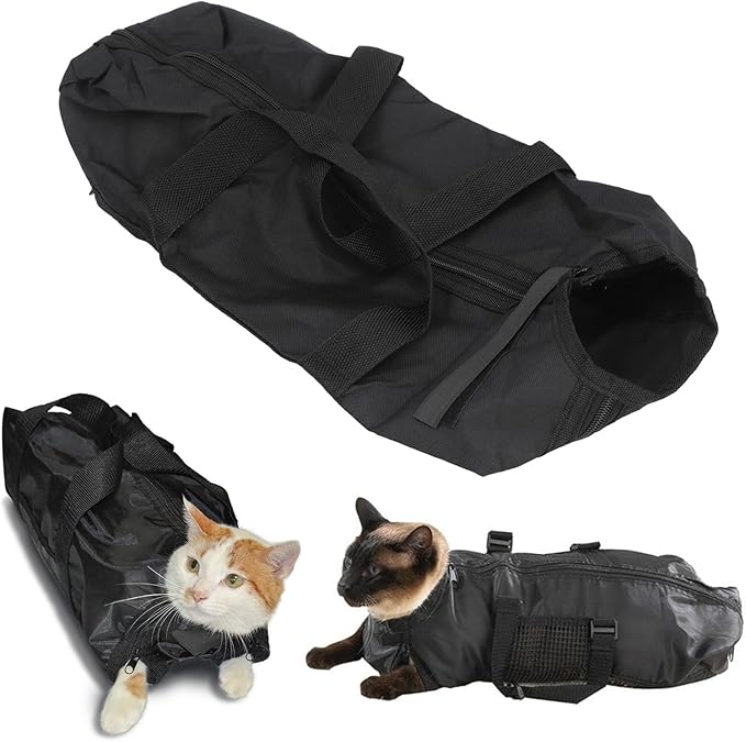 Cat Grooming Bag, Comfortable and Cat Bathing Bag with Easy Access for Nail Trimming and Cleaning, Sturdy Oxford Cloth Cat Restraint Bag (Black) with Multifunctional Use