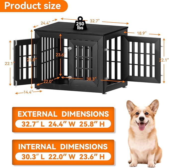 Snuowu 32" Heavy-Duty Dog Crate Furniture for Small/Medium Dogs, Rustic Wooden Dog Cage Kennel Indoor Furniture, Decorative Pet House End Table, Black